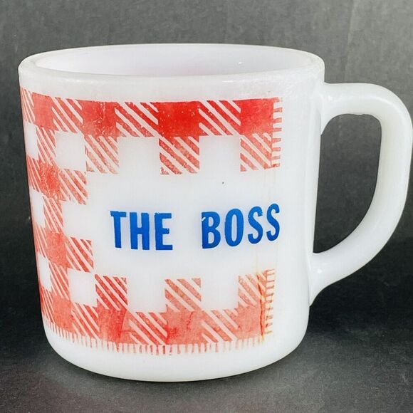 The Boss Coffee Mug Cup Westfield Milk Glass Red & White Gingham Checkered Plaid - Picture 1 of 9